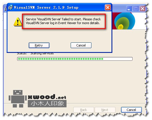 安装visualSVN server，出现Service "VisualSVN Server"  failed to start的解决方法