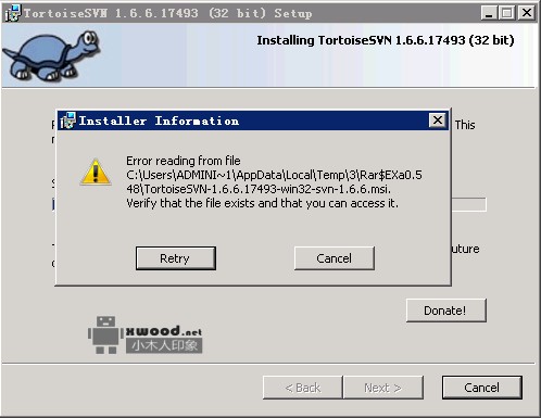 TortoiseSVN安装失败，提示"Error reading from file .. Verify that the file exists and that you can access it"