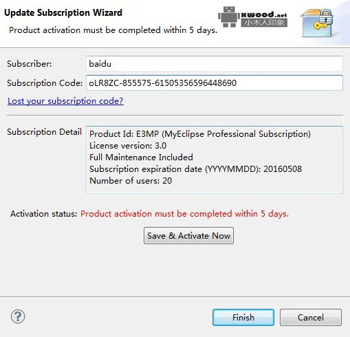 <p class="t3">一、简介</p><p class="cc">使用<a target="_blank" href="/_site_domain_/_root/5870/5930/5932/t_c257866.html">eclipse</a>的ide开发工具，经常遇到需要激活注册的“Update Subscription Wizard”窗口提示，提醒你的产品授权期快到期了 -“Activetion status:Product activation must be completed within 5 days”,如下图所示</p><p class="im"><img src="/xwood-editor/ueditor/jsp/upload/image/20160915/1473953071022034892.png" title="1473953071022034892.png" alt="c9fcc3cec3fdfc03cef1b9fcd53f8794a5c226ec副本.png"/> </p><p class="t3">二、解决办法</p><p class="cc">1. 到本网站的在线<a target="_blank" href="/_site_domain_/_root/5870/5930/5932/t_c257866.html">eclipse</a>激活服务相关页面（链接到“<a target="_blank" href="/_site_domain_/_root/5870/5930/5931/6174/8130/index.html">eclipse在线注册激活</a>”内容页面）生成或复制激活账户和激活码 </p><p class="cc"><iframe src="/xwood-demo/module/m1/index.html" height="300" width="800"></iframe> </p><p class="cc">2. 下载激活代码，在自己eclipse中运行，代码如下</p><pre class="brush:java;toolbar:false">import java.io.BufferedReader; import java.io.IOException; import java.io.InputStreamReader;  public class MyEclipseGenMain{     private static final String LL = "Decompiling this copyrighted software is a violation of both your license agreement and the Digital Millenium Copyright Act of 1998 (http://www.loc.gov/copyright/legislation/dmca.pdf). Under section 1204 of the DMCA, penalties range up to a $500,000 fine or up to five years imprisonment for a first offense. Think about it; pay for a license, avoid prosecution, and feel better about yourself.";      public String getSerial(String userId, String licenseNum) {         java.util.Calendar cal = java.util.Calendar.getInstance();         cal.add(1, 3);         cal.add(6, -1);         java.text.NumberFormat nf = new java.text.DecimalFormat("000");         licenseNum = nf.format(Integer.valueOf(licenseNum));          String verTime = new StringBuffer("-")                 .append(new java.text.SimpleDateFormat("yyMMdd").format(cal                         .getTime())).append("0").toString();         String type = "YE3MP-";         String need = new StringBuilder(userId.substring(0, 1)).append(type)                 .append("300").append(licenseNum).append(verTime).toString();         String dx = new StringBuilder(need).append(LL).append(userId)                 .toString();         int suf = this.decode(dx);         String code = new StringBuilder(need).append(String.valueOf(suf))                 .toString();         return this.change(code);     }      private int decode(String s) {         int i;         char[] ac;         int j;         int k;         i = 0;         ac = s.toCharArray();         j = 0;         k = ac.length;         while (j < k) {             i = (31 * i) + ac[j];             j++;         }         return Math.abs(i);     }      private String change(String s) {         byte[] abyte0;         char[] ac;         int i;         int k;         int j;         abyte0 = s.getBytes();         ac = new char[s.length()];         i = 0;         k = abyte0.length;         while (i < k) {             j = abyte0[i];             if ((j >= 48) &amp;&amp; (j <= 57)) {                 j = (((j - 48) + 5) % 10) + 48;             } else if ((j >= 65) &amp;&amp; (j <= 90)) {                 j = (((j - 65) + 13) % 26) + 65;             } else if ((j >= 97) &amp;&amp; (j <= 122)) {                 j = (((j - 97) + 13) % 26) + 97;             }             ac[i] = (char) j;             i++;         }         return String.valueOf(ac);     }      public MyEclipseGenMain() {         super();     }      public static void main(String[] args) {         try {             System.out.println("please input register name:");             BufferedReader reader = new BufferedReader(new InputStreamReader(                     System.in));             String userId = null;             userId = reader.readLine();             MyEclipseGenMain myeclipsegen = new MyEclipseGenMain();             String res = myeclipsegen.getSerial(userId, "5");             System.out.println("Serial:" + res);             reader.readLine();         } catch (IOException ex) {         }     } }</pre> <p class="cc">如运行结果</p><pre class="brush:plain;toolbar:false">please input register name: xwood888 Serial:kLR8ZC-855550-645469533100579</pre> <p> </p><p> </p><p> </p><p> </p><p> </p><p> </p>